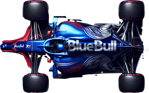 RedBull F1 race car. Top view. Royalblue body with Shinyred lines on sides. Silver bull-body. Silver ,,BlueBull" sponsors..
Single Game Texture. In-Game asset. 2d. Blank background. High contrast. No shadows.