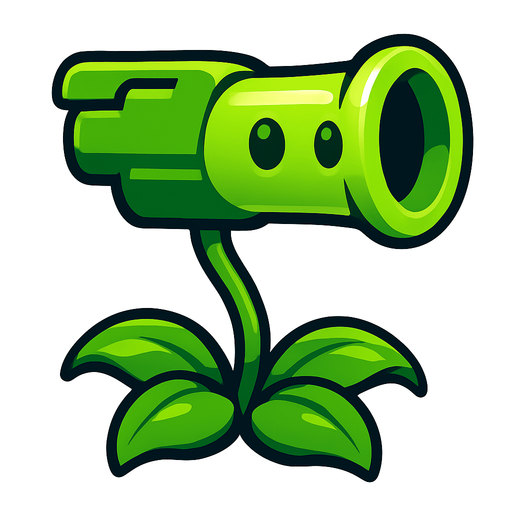 una planta de color verde brillante con forma de pistola vegetal: su “cañón” cilíndrico, ligeramente más ancho en la boca, luce un tono verde claro con un suave degradado y un brillo que le da volumen. Sus ojos son dos círculos lisos y oscuros, casi sin pupila, que le aportan un aire simpático y sencillo. El cuerpo descansa sobre un tallo delgado y flexible, sostenido por cuatro hojas arqueadas y onduladas en la base, de un verde más intenso, que sirven de “pies” y refuerzan su aparienciauna planta de color verde brillante con forma de pistola vegetal: su “cañón” cilíndrico, ligeramente más ancho en la boca, luce un tono verde claro con un suave degradado y un brillo que le da volumen. Sus ojos son dos círculos lisos y oscuros, casi sin pupila, que le aportan un aire simpático y sencillo. El cuerpo descansa sobre un tallo delgado y flexible, sostenido por cuatro hojas arqueadas y onduladas en la base, de un verde más intenso, que sirven de “pies” y refuerzan su apariencia.
In-Game asset.  High contrast.  No shadows