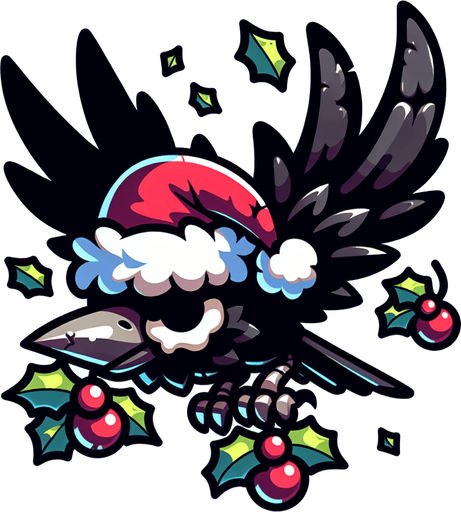 evil flying cartoon raven, sideview, christmas style Single Game Texture. In-Game asset. 2d. Blank background. High contrast. No shadows.