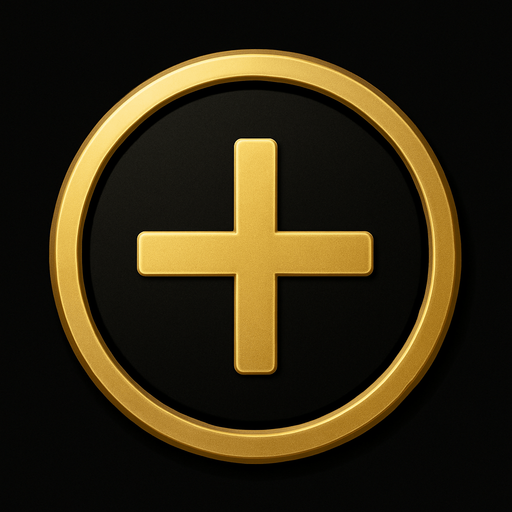 Boton de signo de mas elegante de color dorado con fondo negro.
In-Game asset.  2d.  High contrast.  No shadows