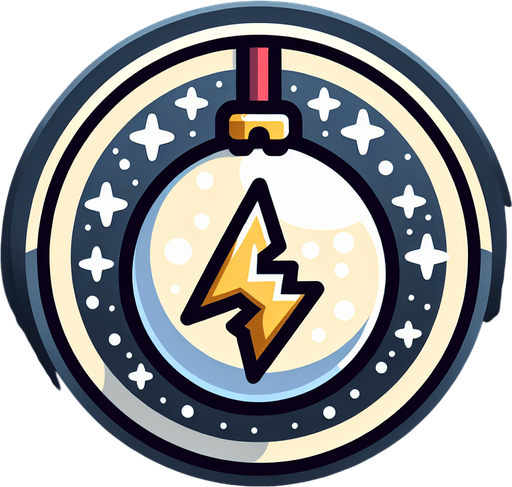 Icon for a electified snowball, on a circle, with the text „Thunderball“ at top, cartoon, christmas style Single Game Texture. In-Game asset. 2d. Blank background. High contrast. No shadows.
