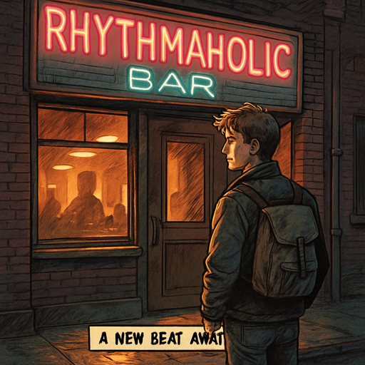 Realistic comic art in 2048x2048. Outside a cozy urban bar glowing with neon sign "Rhythmaholic Bar". Noah stands in front of the door, hesitant but hopeful. Warm interior light spills onto the street. Narrator box at the bottom-center with the text: "A new beat awaits."