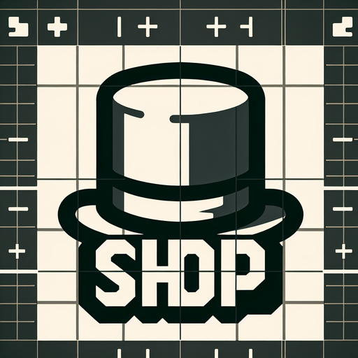 A SVG that says “Hat Shop” on top of a top hat.
Single Game Texture.  In-Game asset.  2d.  Blank background.  High contrast.  No shadows