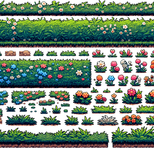 Horizontal ground sprite sheet. Grass and dirt. Sideways. Flowers
Single Game Texture.  In-Game asset.  2d.  Blank background.  High contrast.  No shadows