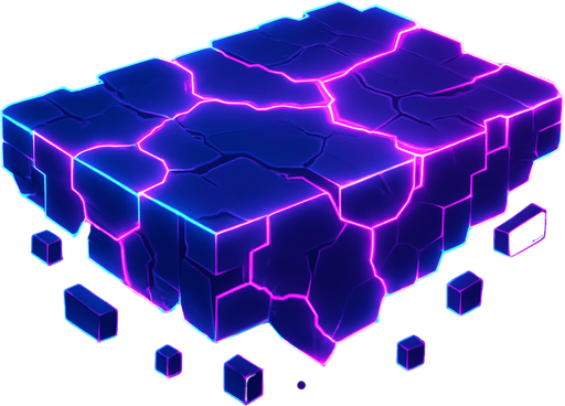 Neon cyberpunk glowing hologram flat platforming cracked crumbling