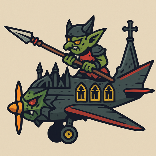 goblin spear ghotic fantasy warplane. side scroller.
In-Game asset.  2d.  High contrast.  No shadows