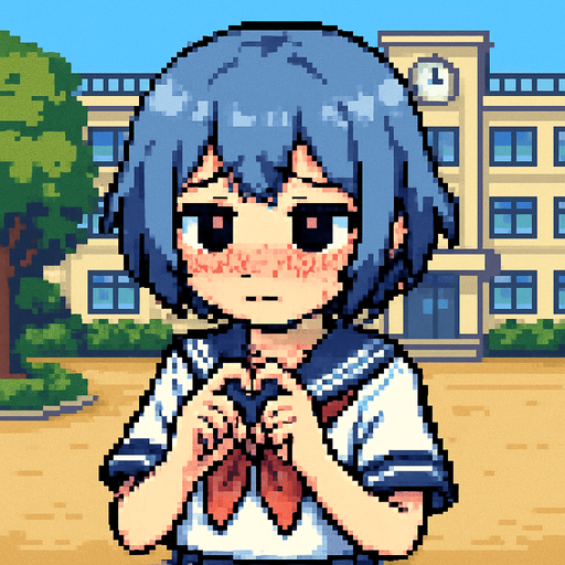 Stella is a sweet and very kawaii 15-year-old anime girl with short, soft blue-gray hair (HEX: #b0b9d8) and black eyes. She wears a traditional Japanese school uniform called a sailor fuku. Stella is extremely shy—she blushes easily, avoids eye contact, and often covers herself when she feels nervous. In this Pixel Art scene, she’s gently touching the tips of her index fingers together, a classic gesture of shyness seen in anime. Behind her is the courtyard of a Japanese middle school, completing the charming school setting..
In-Game asset.  2d.  High contrast.  No shadows