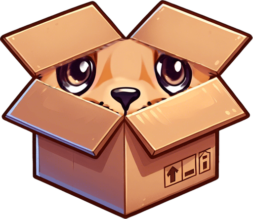 cute Chibi ginger cat look from the box into the camera. Cheeky, happy. Dark Brown eyes