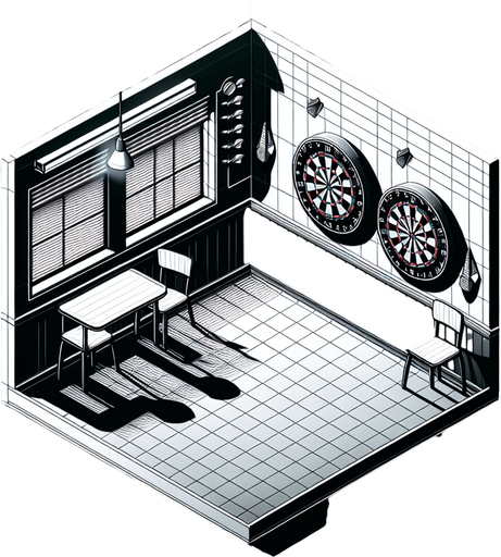 Dart shooting practice room.
Single Game Texture.  In-Game asset.  2d.  Blank background.  High contrast.  No shadows