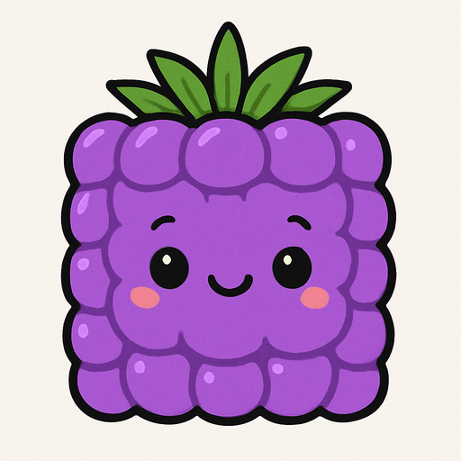 Perfectly square bright purple Blackberry with cute happyy face. Cartoon style. Cute art style. Simple vector style.
