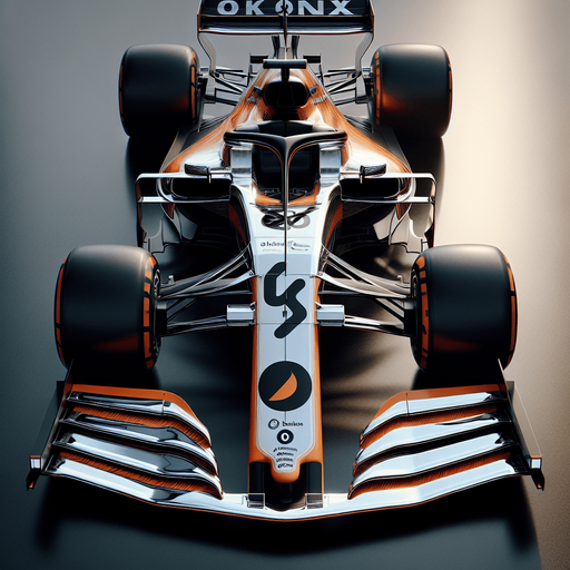 Photorealistic F1 McLaren race car, Top view. 
Orange coloured body and black thick stripe with white Chrome text where the o letter is Google chrome logo. 
Skyblue lines on nose sides. 
Silver 4 number on nose. 
Black OKX text on rear wing.