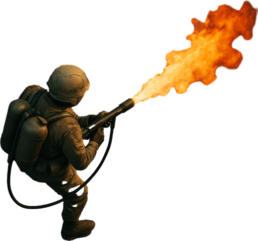 Army soldier with flamethrower, top view from drone