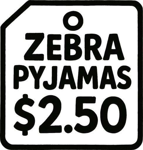 Price tag that says Zebra Pyjamas $2.50.
In-Game asset.  2d.  High contrast.  No shadows