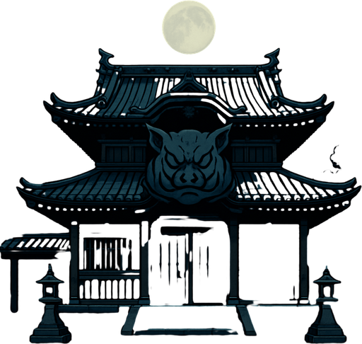 realistic 2d anime style front field old samurai palace temple with pig evil ornament at midnight.
In-Game asset.  2d.  High contrast.  No shadows
