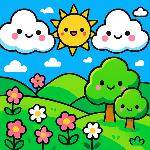 crea un paisaje kawai.
In-Game asset.  2d.  High contrast.  No shadows