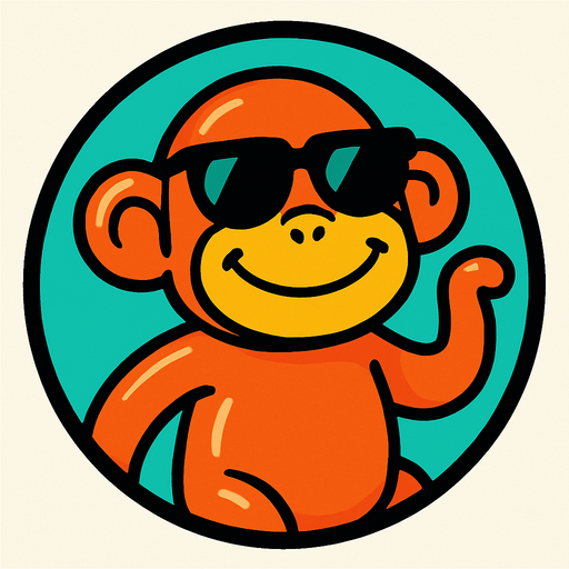 un monito en una imagen redonda, el monito lleva gafas de sol, es de plastico y tiene una sonrisa.
In-Game asset.  2d.  High contrast.  No shadows