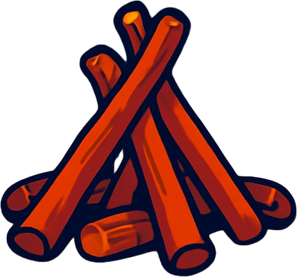 camp area. world imagination. magical. wood of fire but without fire on the middle of the screen.
In-Game asset.  2d.  High contrast.  No shadows