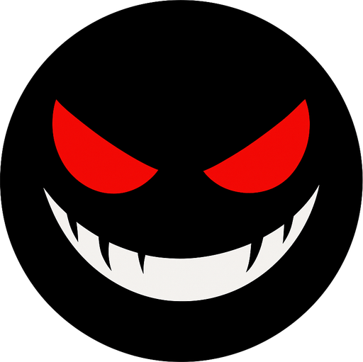 a black circle that is dark and evil and has red eyes and an evil smirk.
In-Game asset.  2d.  High contrast.  No shadows
