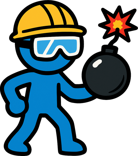 Blue stickman with safety goggles, yellow safety helmet and a bomb.
In-Game asset.  2d.  High contrast.  No shadows