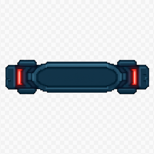 A horizontal paddle for a 2D breakout arcade game, styled like a laser weapon but without active lasers.
Color: dark metallic blue with red glowing accents on each side, similar to a powered-down version of a laser cannon.
Keep the same shape and style as a laser paddle but make it look inactive.
Top-down view, centered, transparent background.
Resolution: 128x32 px.