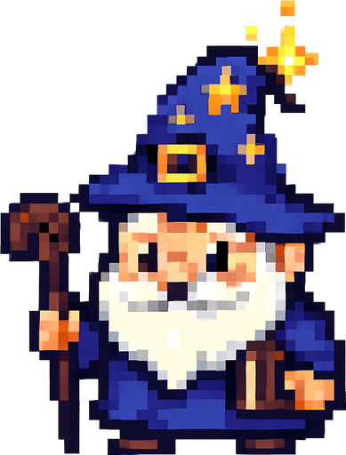 El mago debe ser un personaje pequeño y encantador, con una túnica azul oscuro o morada, un sombrero puntiagudo con estrellas o una hebilla dorada, barba blanca corta y ojos brillantes que transmitan sabiduría y simpatía; su cuerpo debe ser compacto y redondeado, estilo caricatura o pixel art, con detalles sencillos pero reconocibles como un bastón en la mano o un libro colgando; puede tener una animación sutil como parpadeo, movimiento de barba o chispa mágica en la punta del sombrero, y el fondo debe ser transparente para integrarse bien en un entorno colorido y fantástico.
In-Game asset.  2d.  High contrast.  No shadows
