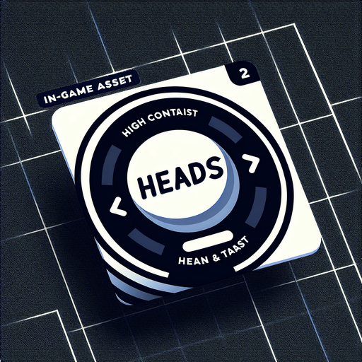 a button saying 'heads'.
In-Game asset. 2d. Blank background. High contrast.