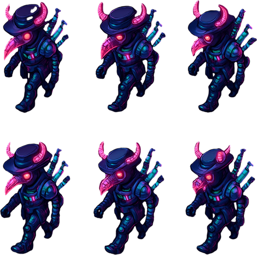 Neon cyberpunk anime top down isometric animatronic plague doctor cyborg demon medic CDC corporate robot monster disease pestilence medicine syringes Walking animation frames