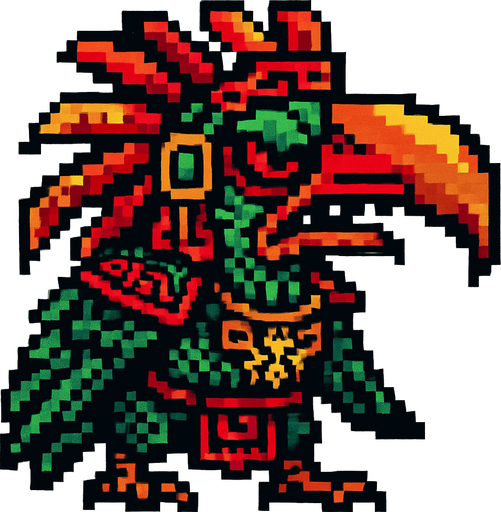 Genérame un Tucan guerra azteca con eso patrones estilo pixelar, con una apariencia maligna.
In-Game asset.  2d.  High contrast.  No shadows