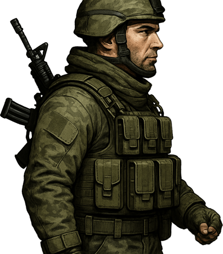 Komando, yazısız, gerçekçi, yandan görünüm.
In-Game asset.  2d.  High contrast.  No shadows