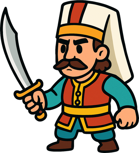 Animasyon çizgi dizi tarzında elinde kılıç olan bir osmanlı yeniçerisi.
In-Game asset.  2d.  High contrast.  No shadows