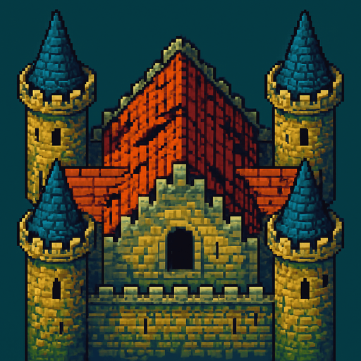 O telhado de um castelo medieval abandonado com suas torres. arte pixel 32 bits, vista aerea frontal.
In-Game asset.  2d.  High contrast.  No shadows