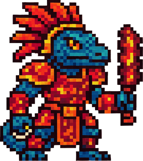Generame un guerrero azteca con patrones, estilo pixelar, ademas sera un El lagarto azul de Gorgona humanoide. Va tener una armadura roja con efetos de llamitas pequeñas.
In-Game asset.  2d.  High contrast.  No shadows
