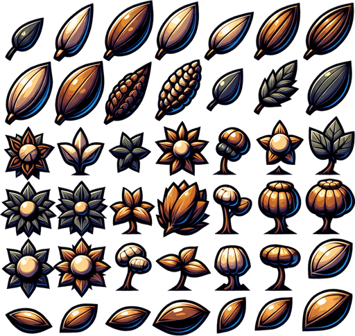 A sprite sheet of seeds. Cartoon..
Single Game Texture. In-Game asset. 2d. Blank background. High contrast. No shadows.