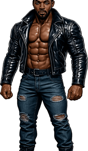 man Cyberpunk manga, African American hunk, shiny black leather biker jacket longsleeves shirtless muscles pexs abs, dreadlocks topknot updo, jeans combat boots, Background removed, "Full-body character, entirely in frame, no cropping of face, head, or feet" "Complete character visible, from hair to boots, fully centered in the image" "Entire character, including face and boots, fully within the frame" Character fully contained within a square frame, no edges cut off fashion model idle pose facing forward