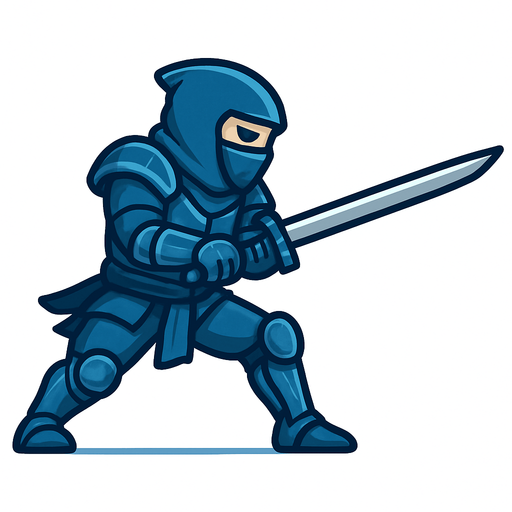 side scroller blue steel armored ninja aksi koreographi  dua tangan memegang pedang ke depan
In-Game asset.  2d. No shadows
