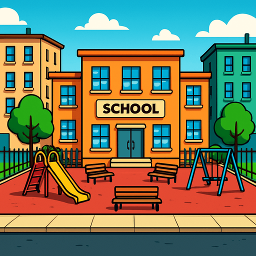 “school street background”, “urban cartoon street”, “2D schoolyard”.
In-Game asset.  2d.  High contrast.  No shadows