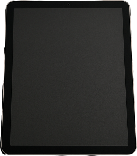 photorealistic grey Tablet lying down on dj deck, front view. The screen should be dark monocrome screen in power of mode without text.