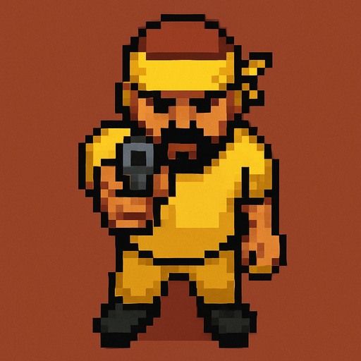 pandillero de amarillo hecho con pixeles con perspectiva desde arriba visto de frente apuntando hacia enfrente con un arma
In-Game asset.  2d.  High contrast.  No shadows