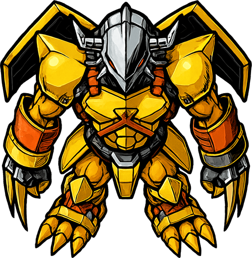 Wargreymon, visto desde arriba, detalles muy altos, sin errores idéntico.
In-Game asset.  2d.  High contrast.  No shadows