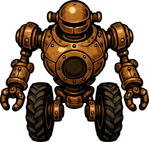 robot estilo steampunk visto desde arriba totalmente no desde el frente con llantas.
In-Game asset.  2d.  High contrast.  No shadows. vistasuperior