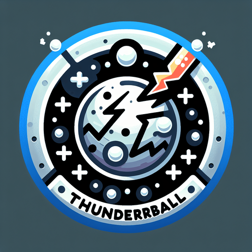 Icon for a electified snowball, on a circle, with the text „Thunderball“ at top, cartoon, christmas style Single Game Texture. In-Game asset. 2d. Blank background. High contrast. No shadows.