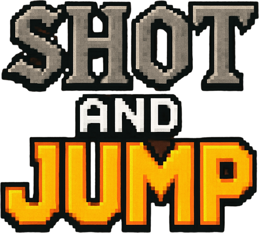 letras hechas con pixeles que dicen shot and jump las letras shot tendran un estilo medieval y tendran un color gris,las letras and color blanco con contorno negro y las letras jump de color amarillo con contorno naranja