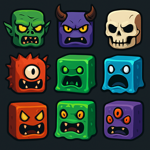 pack of different scary enemies for ninja game, monsters, slimes cubes monsters, different colors, HD colors
In-Game asset.  2d.  High contrast.  No shadows