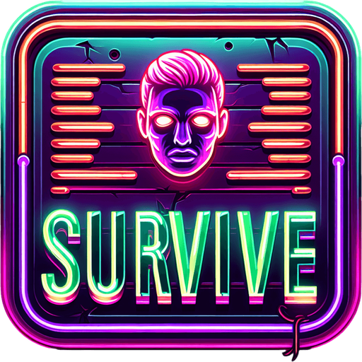 retro sign that says "Survive" with an face symbol in neon colors...
Single Game Texture. In-Game asset. 2d. Blank background. High contrast. No shadows.