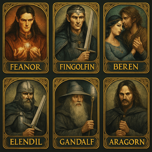 Make 6 collection cards at LOTR style at the same picture. One of them Feanor with silmarils, one of them Fingolfin with his sword, one of them Beren and beautiful Luthien, one of them Elendil with his sword, one of them Gandalf with his staff, one of them Aragorn with his sword. Write names at bottom with golden style.  High detailed, High contrast. Make elfs more elf beautiful and handsome