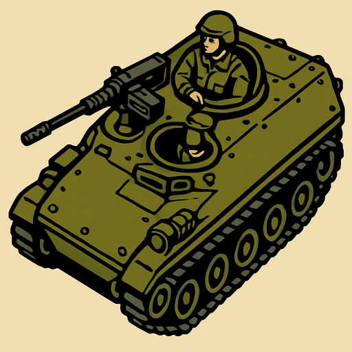 Paletli zırhlı araç araçta taramalı tüfek ve başında asker var üstten bakış.
In-Game asset.  2d.  High contrast.  No shadows