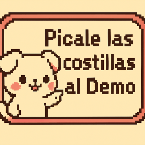 Un cuadro de dialogo.
Este dira ''Picale las costillas al Demo'' TIENE QUE SER ADORABLE pero retro, de videojuego.
In-Game asset.  2d.  High contrast.  No shadows