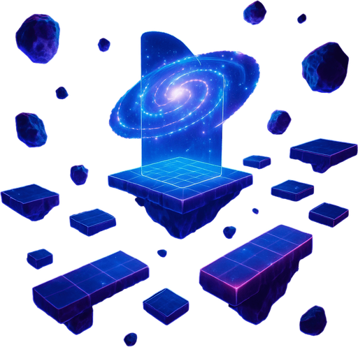3d hologram neon cyberpunk starlight magick galaxy overlay projection asteroid starfield Platforming magical dimension pathway level obstacle layout videogame