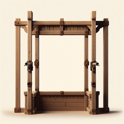 front facing western shooting gallery wooden frame.
Single Game Texture. In-Game asset. 2d. Blank background. High contrast. No shadows.