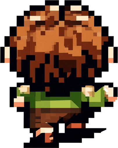 The hobbit is jumping. His feet stick out on either side as he jumps.  Pixel art